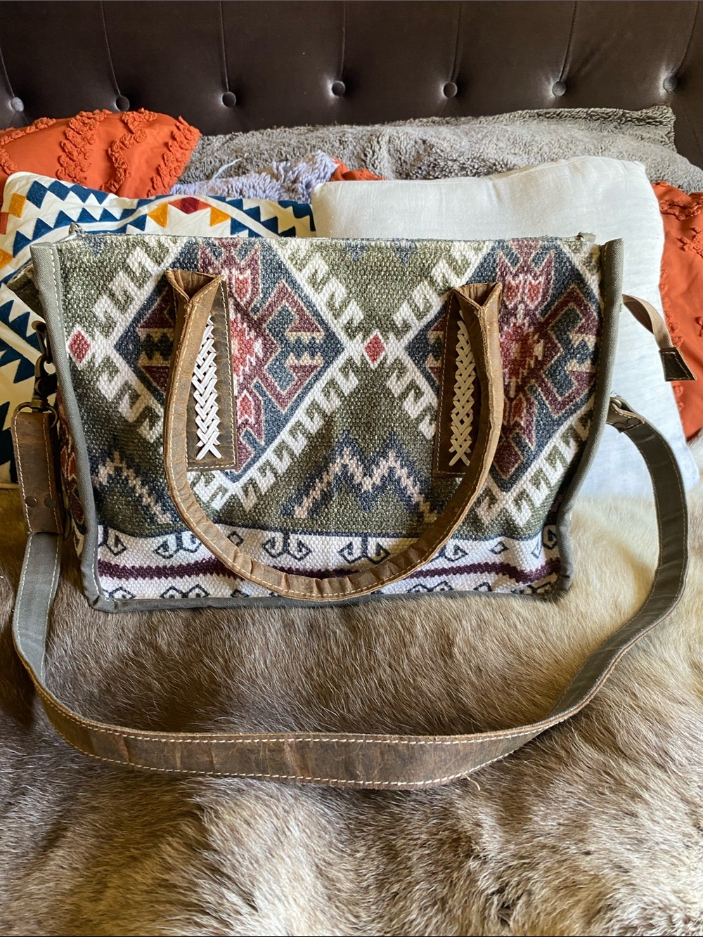 Hopofly Woven Aztec-Print Tote Bag with Brown Leather Trim